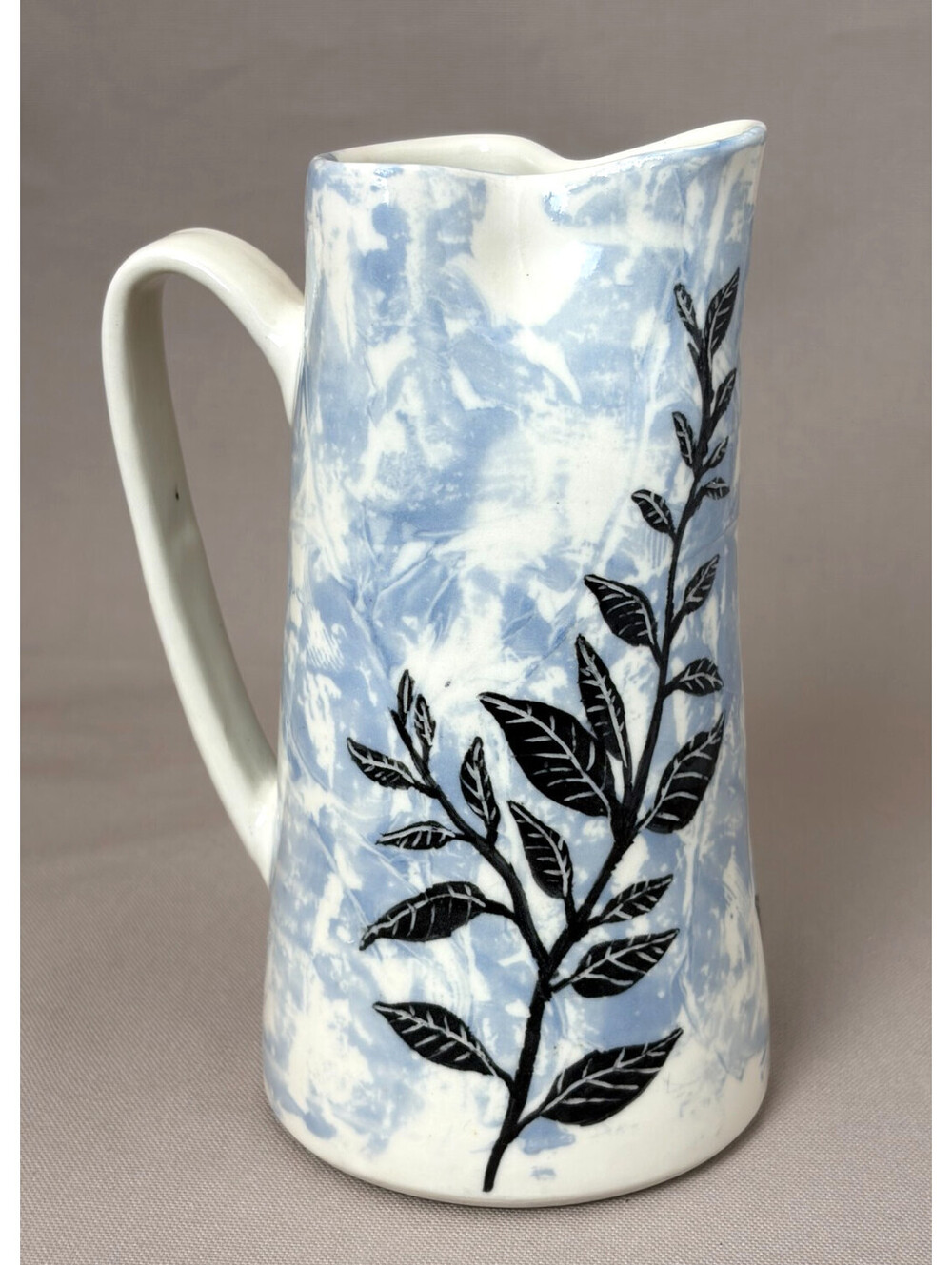 Signed Studio Art Pottery Pitcher Blue White Black Botanical Creamer Vase 7.5